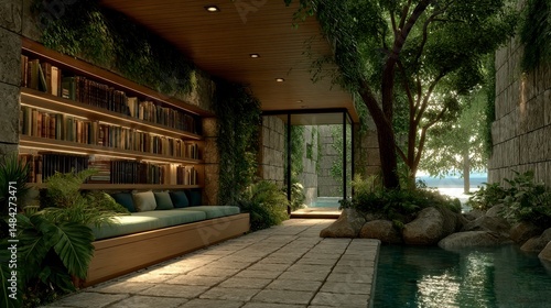 Serene Home Library with Indoor Pool   Lush Greenery