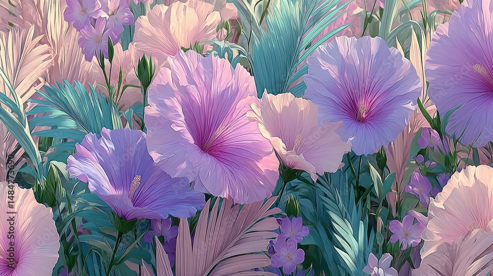 Pastel Purple Hibiscus Flowers Tropical Spring Foliage Botanical Beauty Floral Backgrou