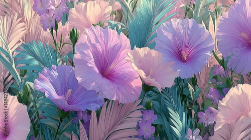 Obraz na płótnie Pastel Purple Hibiscus Flowers Tropical Spring Foliage Botanical Beauty Floral Backgrou w salonie