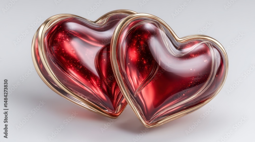 Two Red Glass Hearts with Gold Accents Love Romance Valentine s Day Luxury Passion A