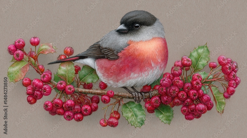 Christmas Bullfinch Bird on Holly Branch with Red Berries Winter Nature Illustration