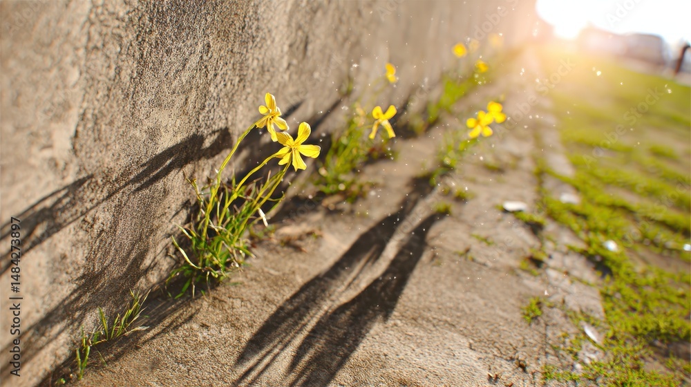Urban Flowers Yellow Blooms in City Crack Sunlight High Resolution