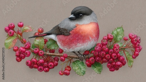 Obraz na płótnie Christmas Bullfinch Bird on Holly Branch with Red Berries Winter Nature Illustration w salonie