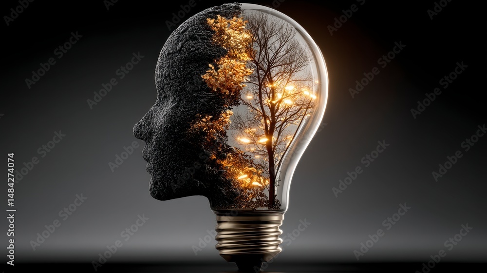 Illuminated Mind 3D Head Inside Lightbulb Creative Ideas Innovation Concept
