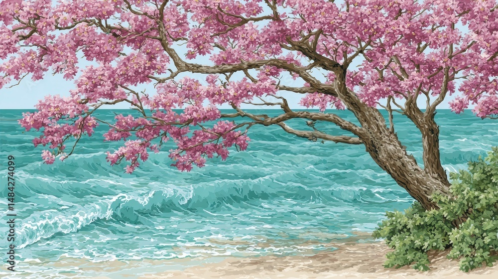 Serene Coastal Scene Pink Blossoms Ocean Waves