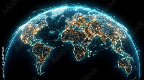 Obraz na płótnie Global Network Illuminated World Map Data Connections Technology Telecommunications w salonie