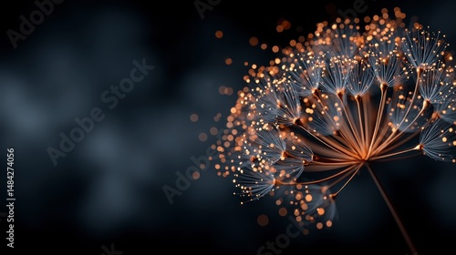 Glowing Dandelion Seeds  Abstract Nature  Dark Background  Sparkling Bokeh  Holiday  Festi
