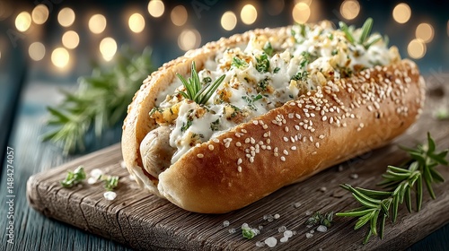 Obraz na płótnie Gourmet Sausage Hot Dog Rosemary Creamy Sauce Sesame Bun Rustic Wooden Board Festive w salonie