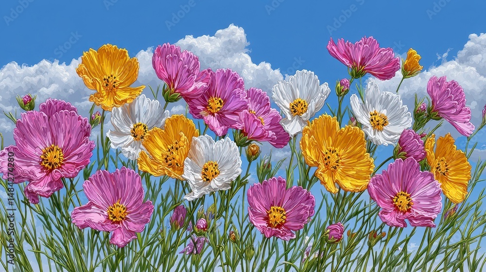 Vibrant Cosmos Flowers Summer Bloom Blue Sky Artistic Illustration