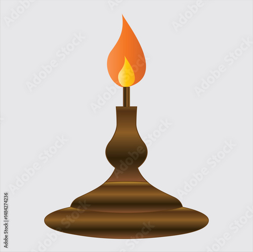 Traditional Brass Oil Lamp with Flame – Vector Illustration Isolated on Light Background