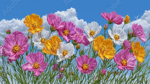 Obraz na płótnie Vibrant Cosmos Flowers Summer Bloom Blue Sky Artistic Illustration w salonie