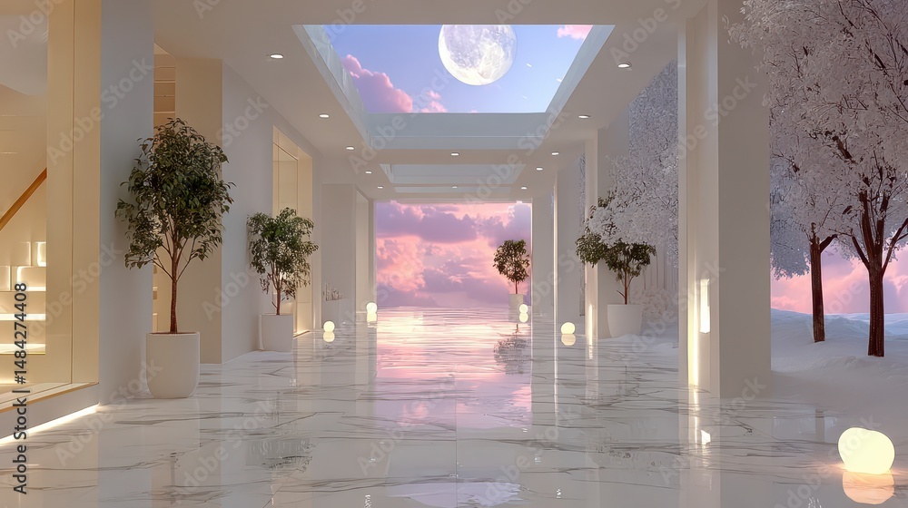 Serene Modern Hallway Pastel Sky Marble Floor Winter Trees