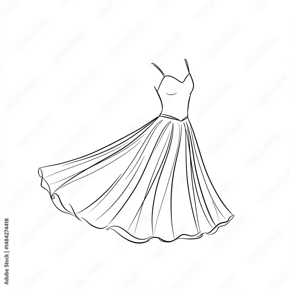 Obraz premium A spaghetti-strap dance costume, black simple line drawing, flowing feel, white background.