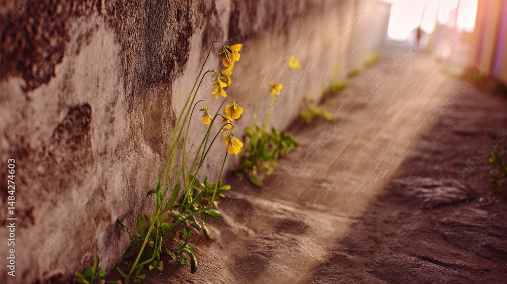 Resilient Flowers Blooming in City Crack Sunlight Rain