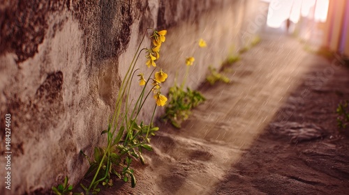 Obraz na płótnie Resilient Flowers Blooming in City Crack Sunlight Rain w salonie