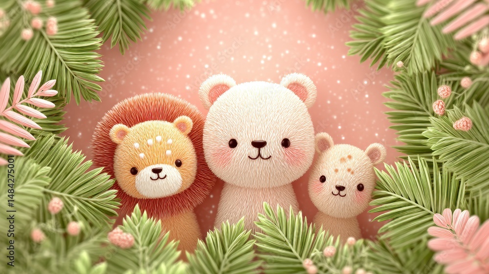 Adorable Safari Animals Cute Lion Bear Cub Tropical Frame Pink Background