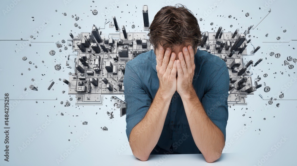 Stressed Man Cityscape Collapse Anxiety Crisis Business Failure Mental Health