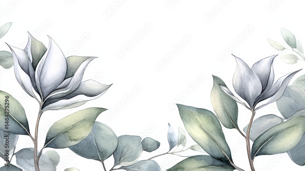 Watercolor Floral Banner Eucalyptus Leaves Flowers Minimalist Design Greenery Botani