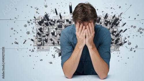 Obraz na płótnie Stressed Man Cityscape Collapse Anxiety Crisis Business Failure Mental Health w salonie