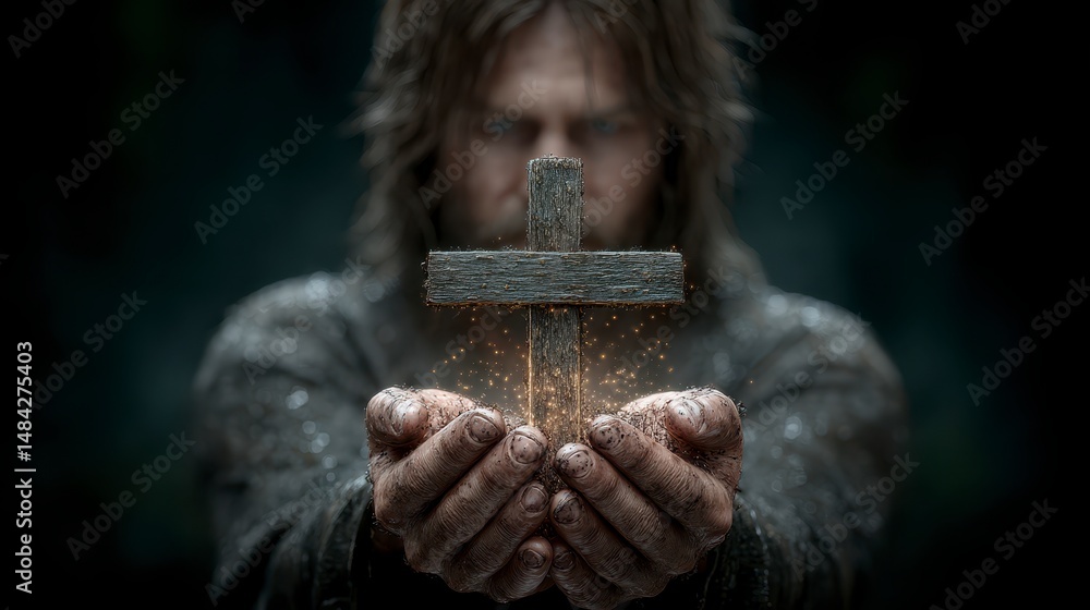 Man s Hands Holding Glowing Wooden Cross Faith Religion Spirituality Hope