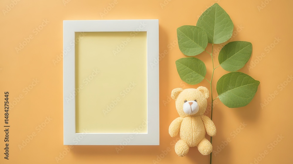 Minimalist Teddy Bear Frame Leaves Baby Child Nursery Decor