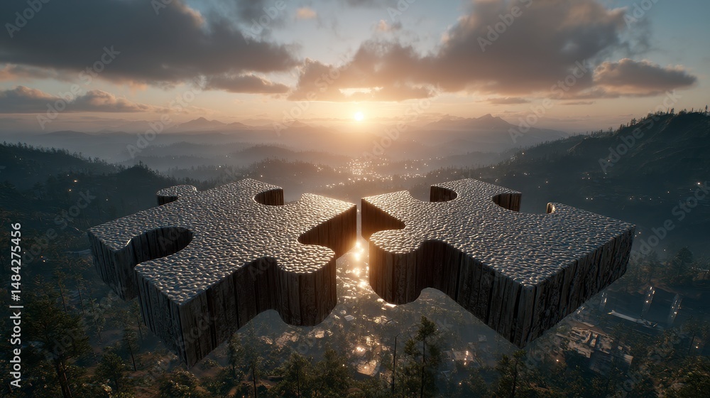 Sunrise Collaboration Teamwork Puzzle Pieces Over Scenic Landscape