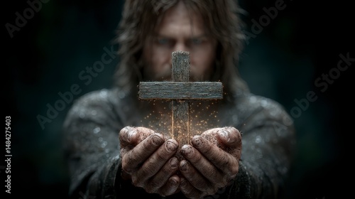 Obraz na płótnie Man s Hands Holding Glowing Wooden Cross Faith Religion Spirituality Hope w salonie