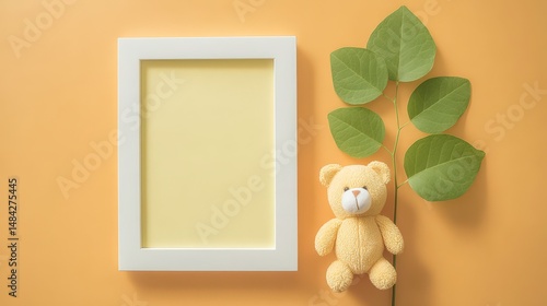 Obraz na płótnie Minimalist Teddy Bear Frame Leaves Baby Child Nursery Decor w salonie
