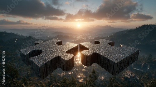 Obraz na płótnie Sunrise Collaboration Teamwork Puzzle Pieces Over Scenic Landscape w salonie