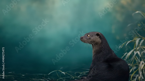 Obraz na płótnie Majestic Otter in Teal Habitat Wildlife Conservation Image w salonie