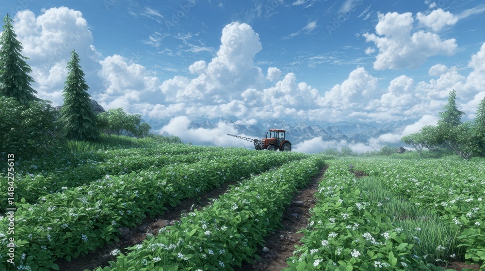 Tractor Spraying Crops in Mountain Field Scenic Agriculture