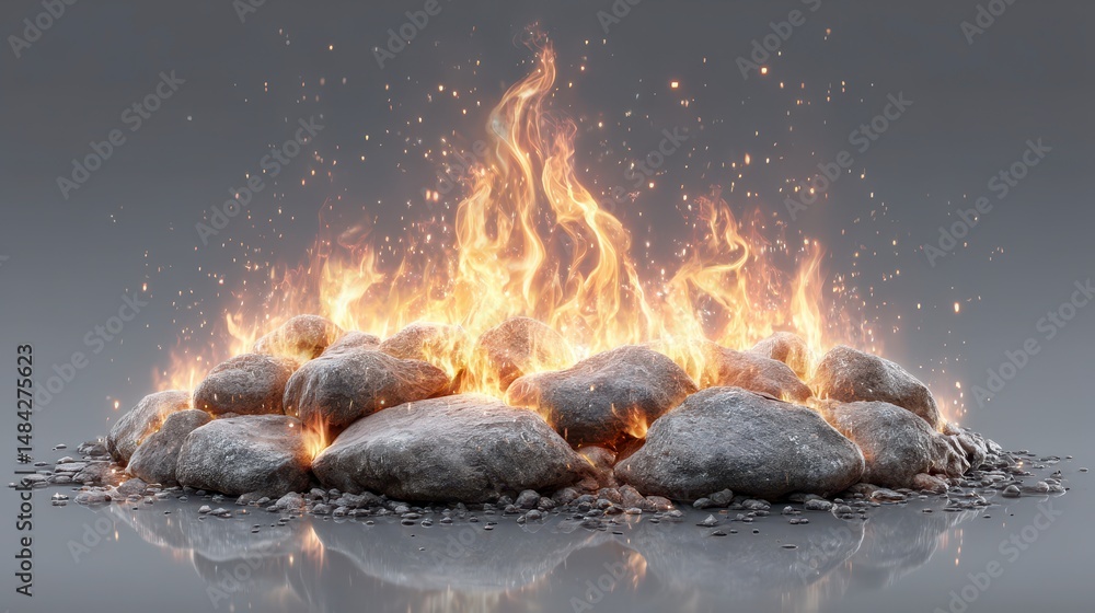 Fiery Rocks Burning Stones Campfire Flame Embers Heat Energy Power Light Sparks