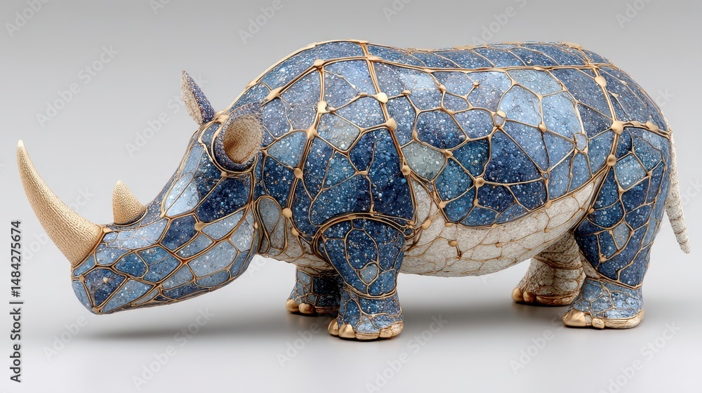 Elegant Blue Gold Rhinoceros Sculpture Detailed Animal Art Mosaic Design