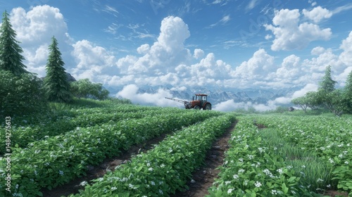 Obraz na płótnie Tractor Spraying Crops in Mountain Field Scenic Agriculture w salonie