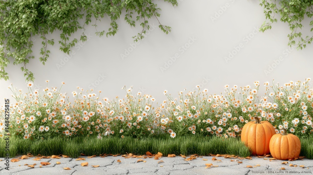 Autumnal Scene Pumpkins Daisies Ivy on Stone Path