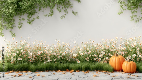 Obraz na płótnie Autumnal Scene Pumpkins Daisies Ivy on Stone Path w salonie