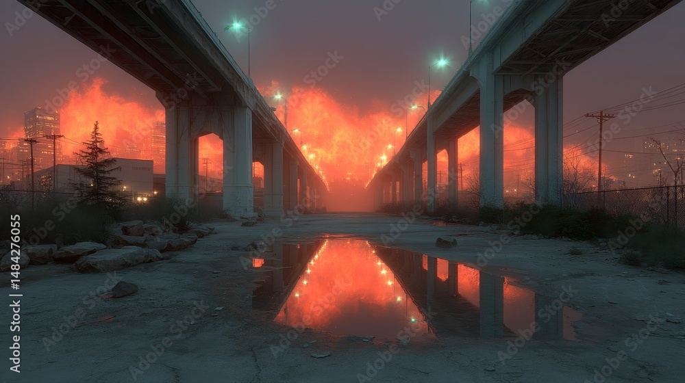 Atmospheric Cityscape Smog Bridges and Urban Decay