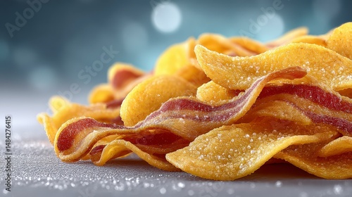 Obraz na płótnie Crispy Fried Bacon Strips Golden Brown Closeup Food Photography w salonie
