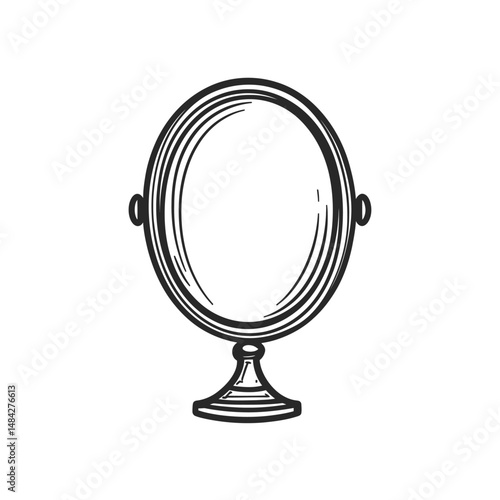 Circular hand mirror with horizontal lines on a pedestal stands on a transparent background