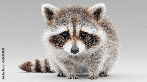 Adorable Baby Raccoon Portrait  Wildlife Animal  Cute Furry Critter  Studio Shot  Grey Bac