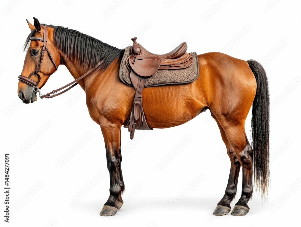 Obraz premium Majestic Chestnut Horse with Glossy Coat and Saddle on White Background Powerful and Elegant Equine Animal Portrait in Studio Setting