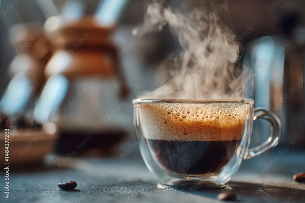 Steaming Espresso in Glass Cup: Fresh Brewed Coffee, Dark Roast Aroma, Modern Cafe Aesthetic, Warm Tone Beverage Steaming Espresso in Glass Cup: Fresh Brewed Coffee, Dark Roast Aroma, Modern Cafe Aesthetic, Warm Tone Beverage
