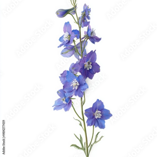 Delphinium Flower Watercolor Illustration: Blue Larkspur Blossom on White Background. Botanical Art Print, Floral Home Decor