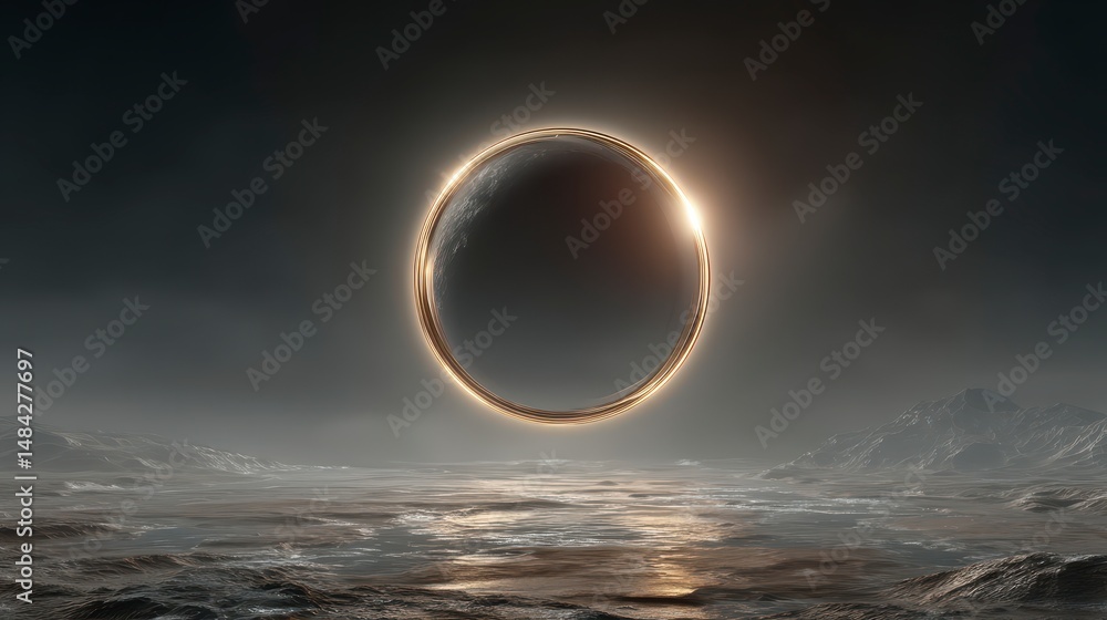 Celestial Ring Dramatic Alien Landscape Glowing Orb Dark Planet Sci Fi Scene