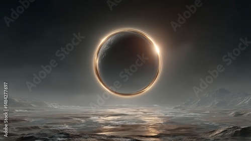 Obraz na płótnie Celestial Ring Dramatic Alien Landscape Glowing Orb Dark Planet Sci Fi Scene w salonie