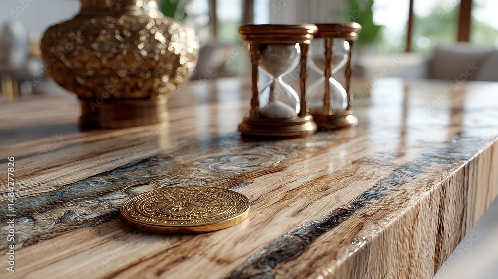 Golden Hourglass Coin Luxury Wood Tabletop Still Life