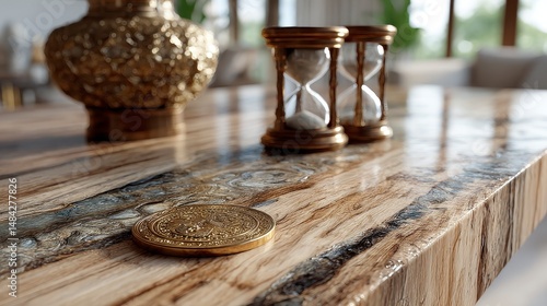 Obraz na płótnie Golden Hourglass Coin Luxury Wood Tabletop Still Life w salonie