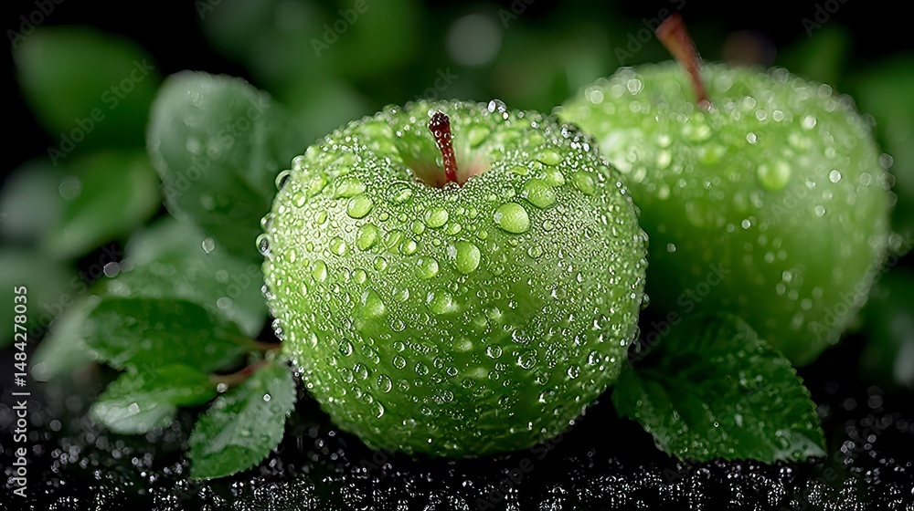 Juicy Green Apples with Water Droplets Fresh Fruit Closeup