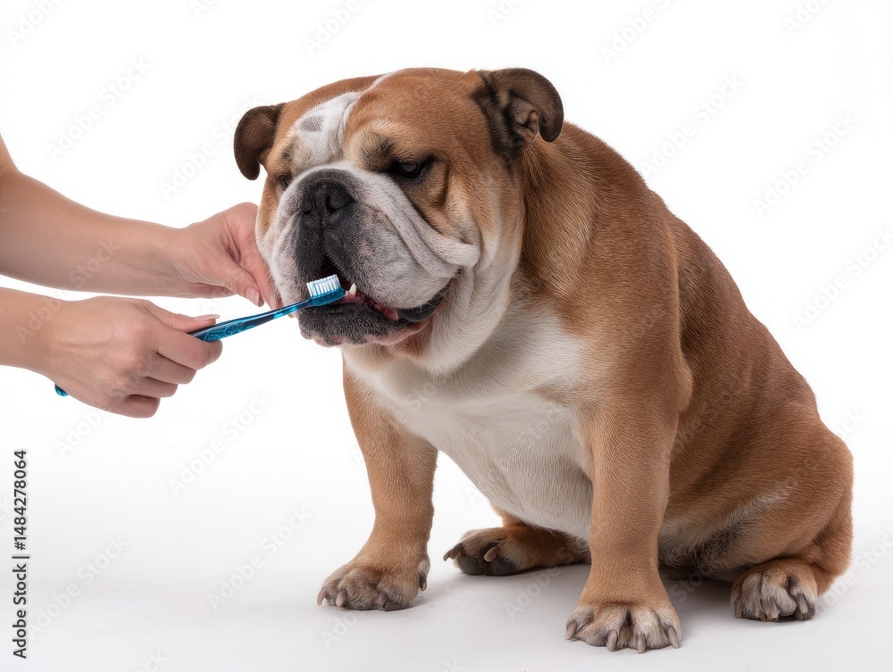 Fototapeta premium portrait photo of a supermodel brushing a bulldog teeth, focused and precise, isolated on clinical white background