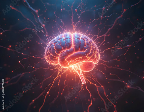 Glowing Brain Illustration with Neural Connections and Sci-fi Style